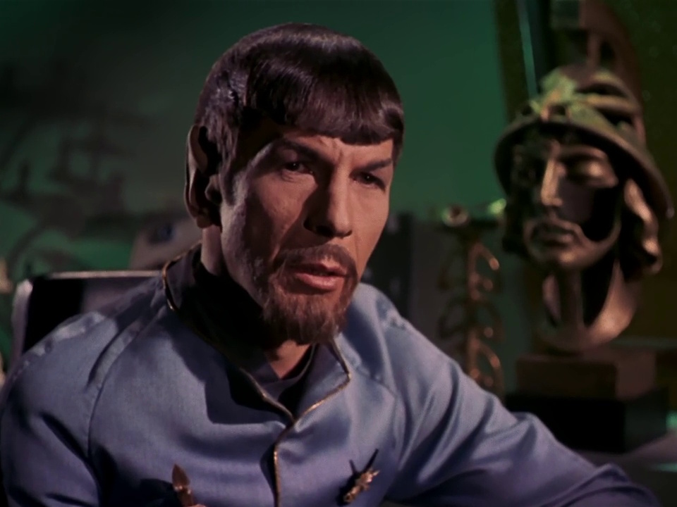 Still frame from Star Trek: The Original Series showing Spock from the Mirror Universe.