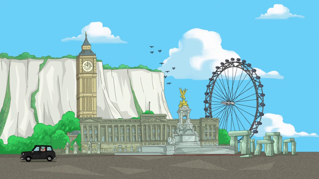 Still frame from Phineas and Ferb Season 1 showing a depiction of famous British landmarks and buildings.