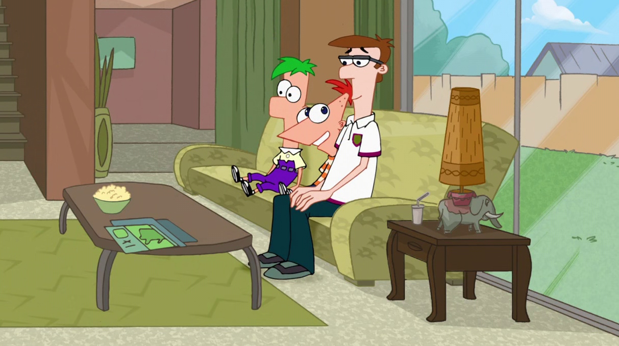 Cropped still frame from Phineas and Ferb Season 3 showing the boys with their dad.