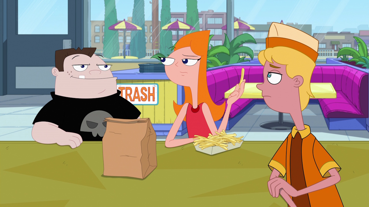 Still frame from Phineas and Ferb Season 5 showing Buford and Cadace at Mr Slushy Dawg with Jeremy.