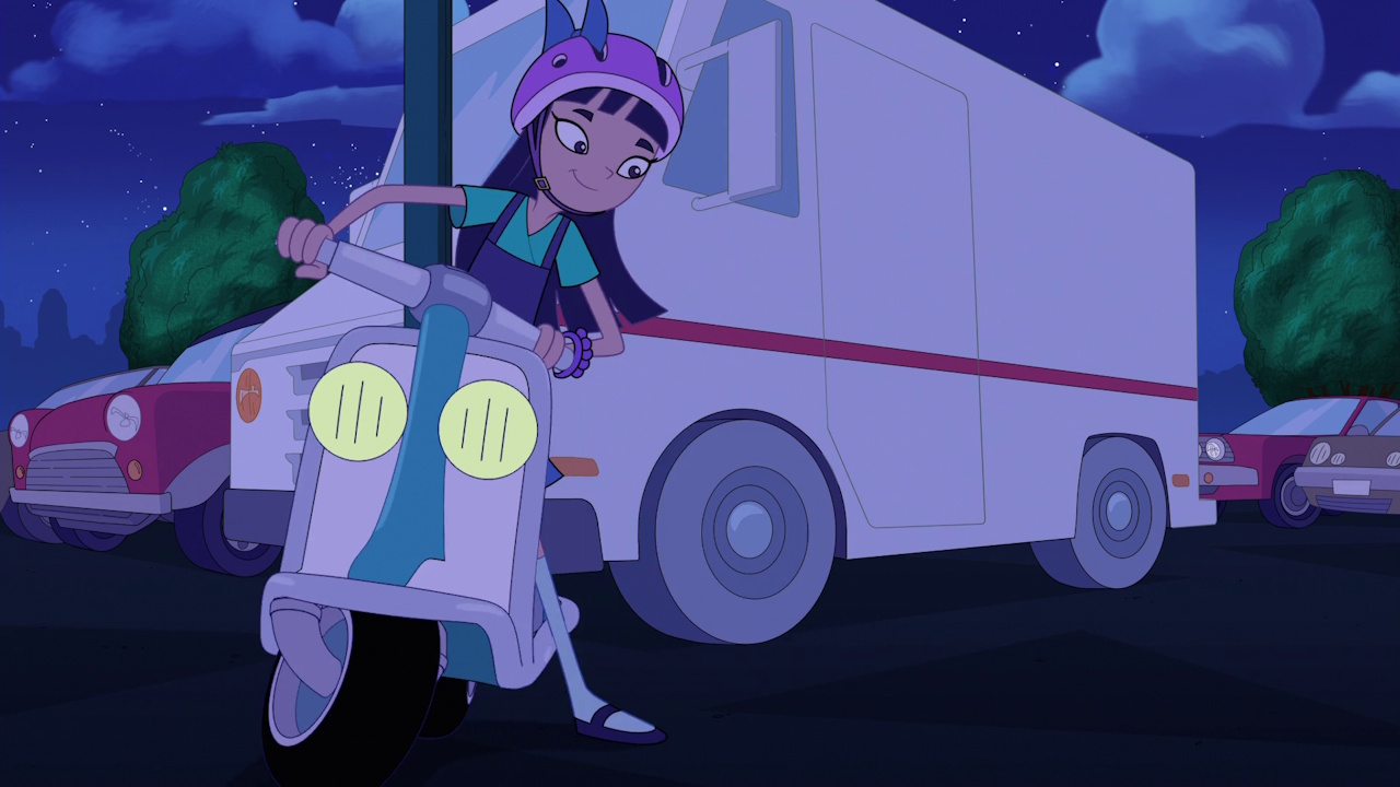 Still frame from Phineas and Ferb Season 5 showing Stacy on Perry's moped.