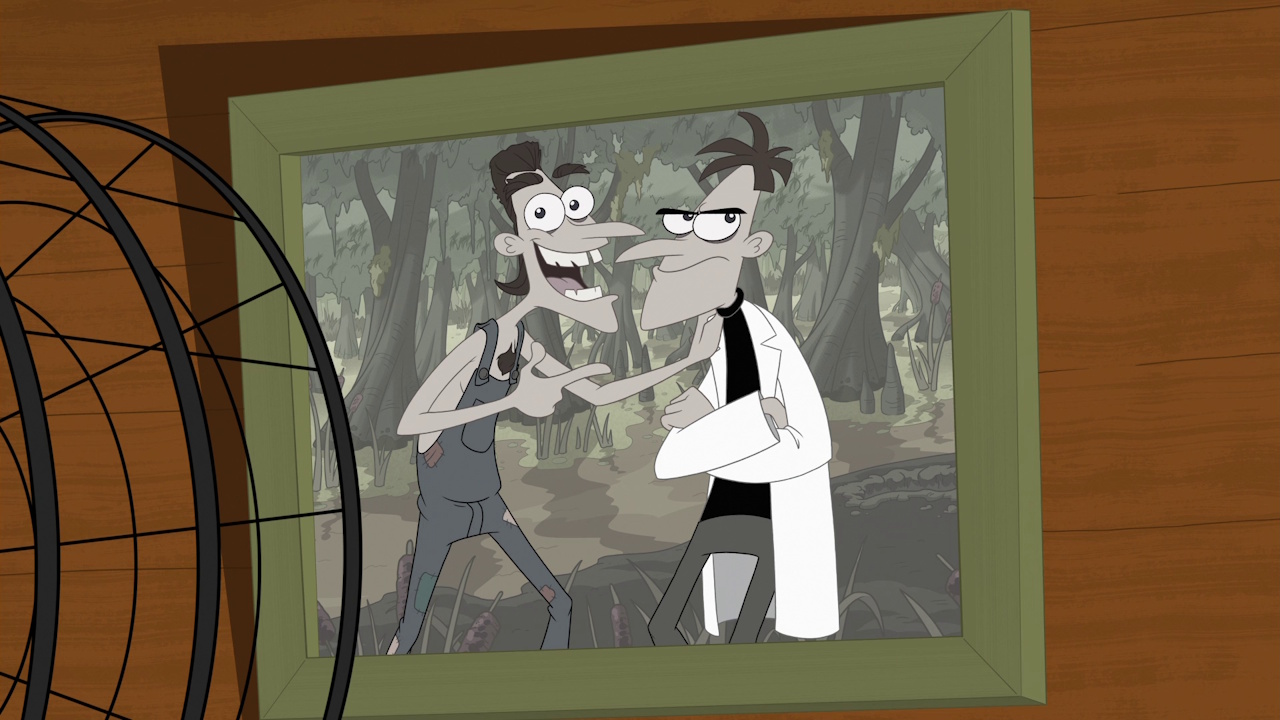 Still frame from Phineas and Ferb Season 5 showing Doofenshmirtz and his cousin in a faded photograph.