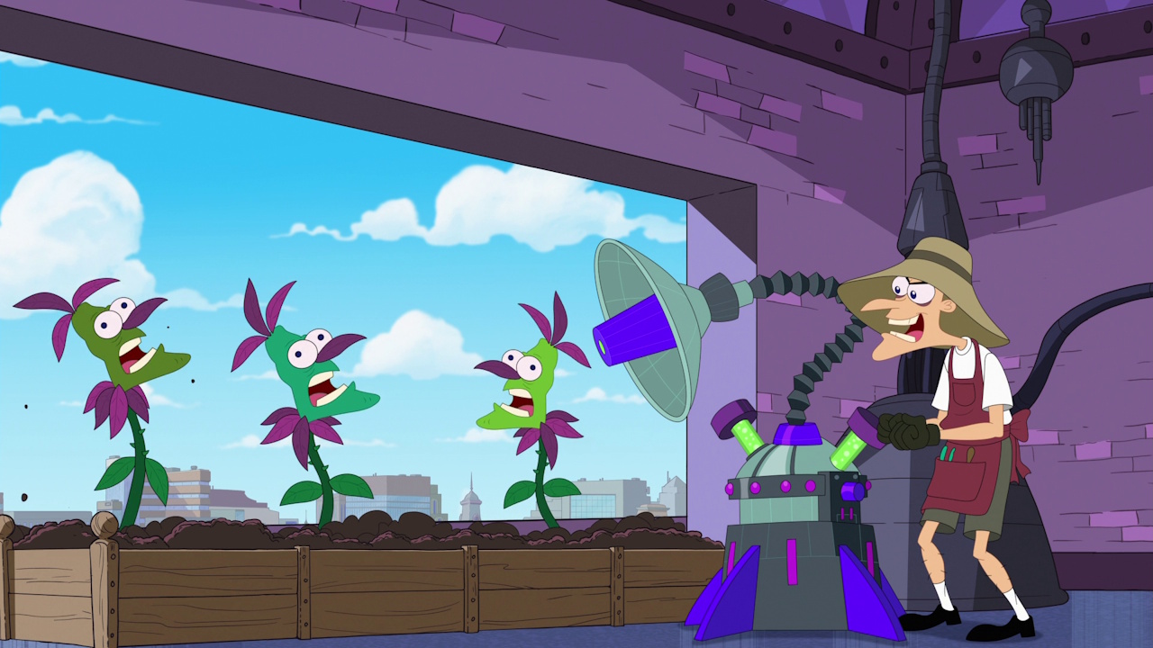 Still frame from Phineas and Ferb Season 5 showing Doofenshmirtz gardening.