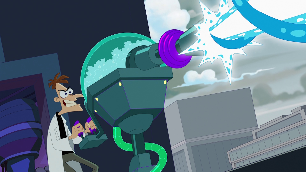Still frame from Phineas and Ferb Season 5 showing Doofenshmirtz firing one of his inators.