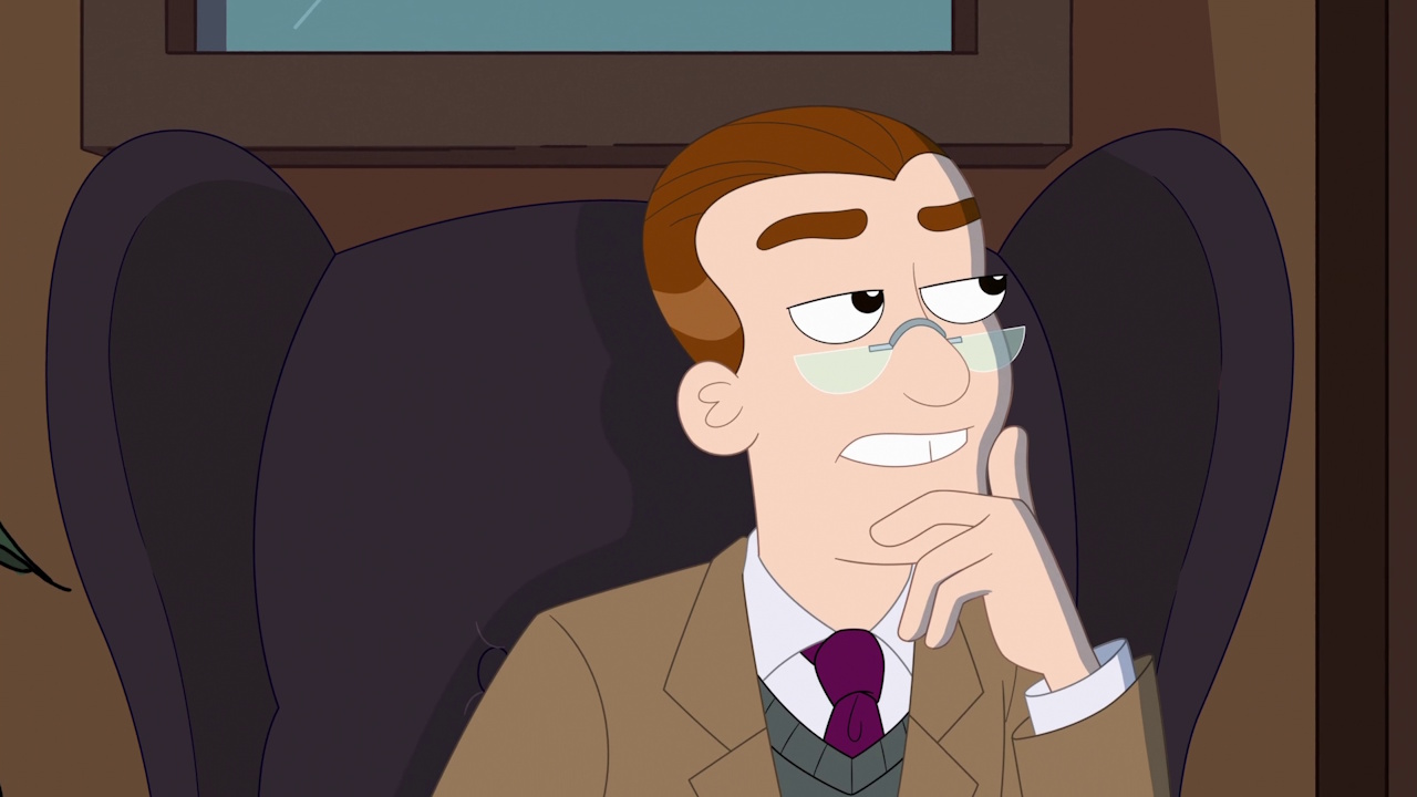 Still frame from Phineas and Ferb Season 5 showing Candace and Doofenshmirtz's therapist.