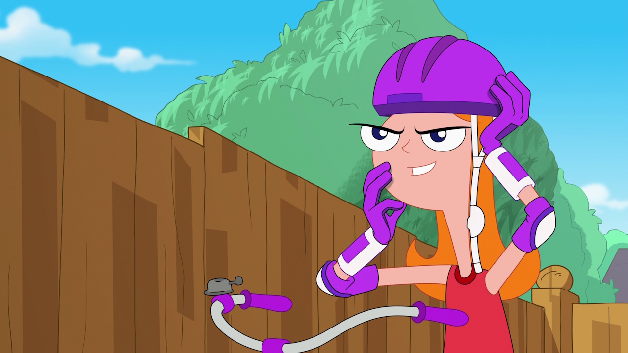Still frame from Phineas and Ferb Season 5 showing Candace on her bicycle.