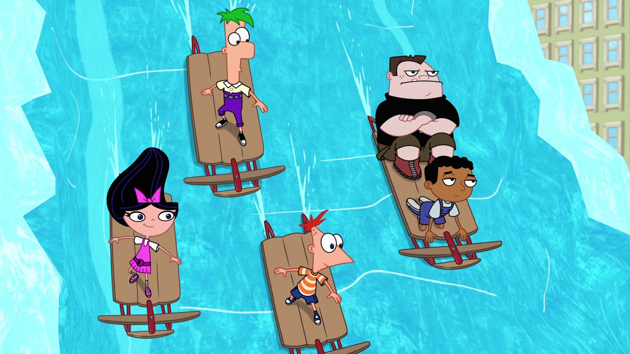 Still frame from Phineas and Ferb Season 5 showing the kids on their luge invention.