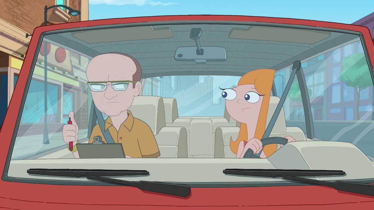 Still frame from Phineas and Ferb Season 5 showing Candace and her driving instructor.