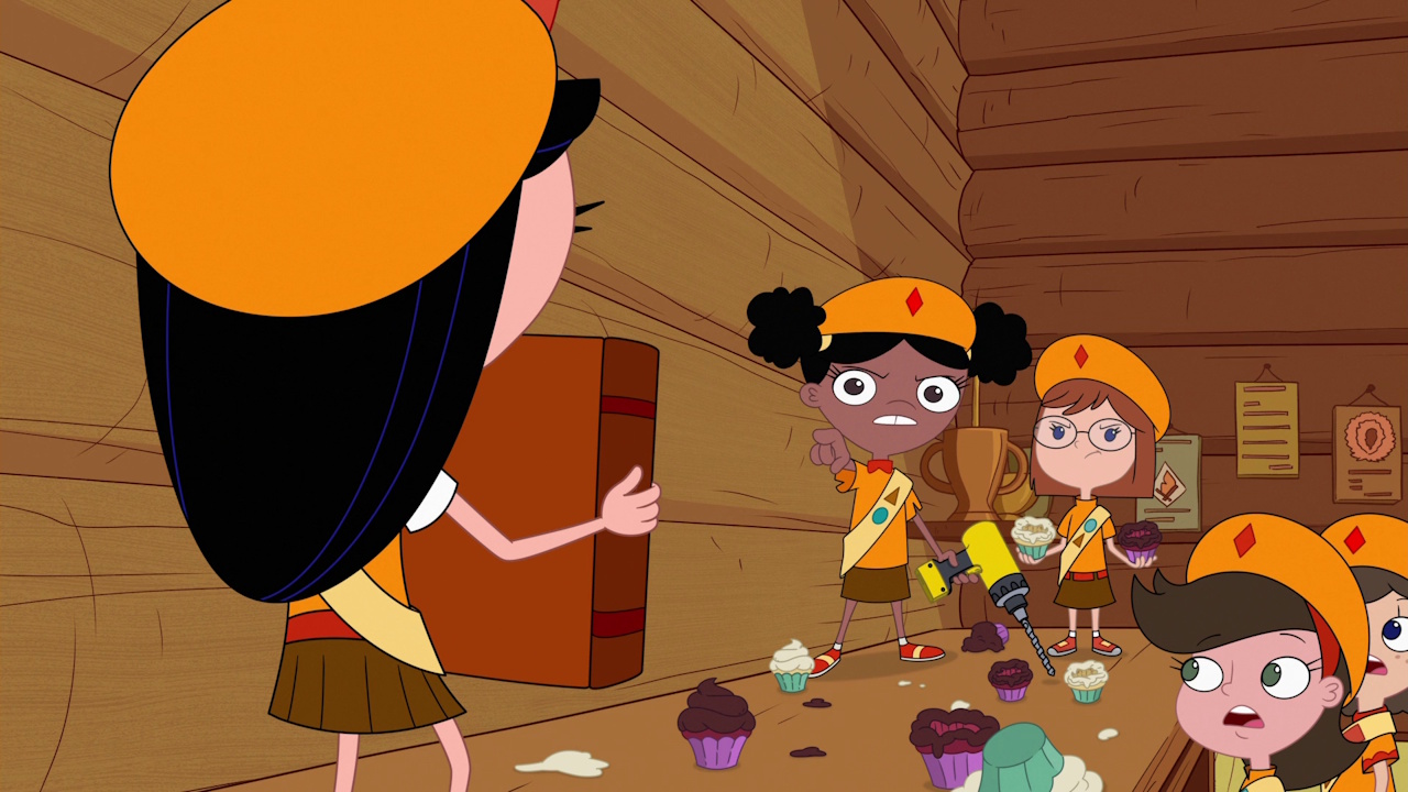 Still frame from Phineas and Ferb Season 5 showing the Fireside Girls turning against Isabella.