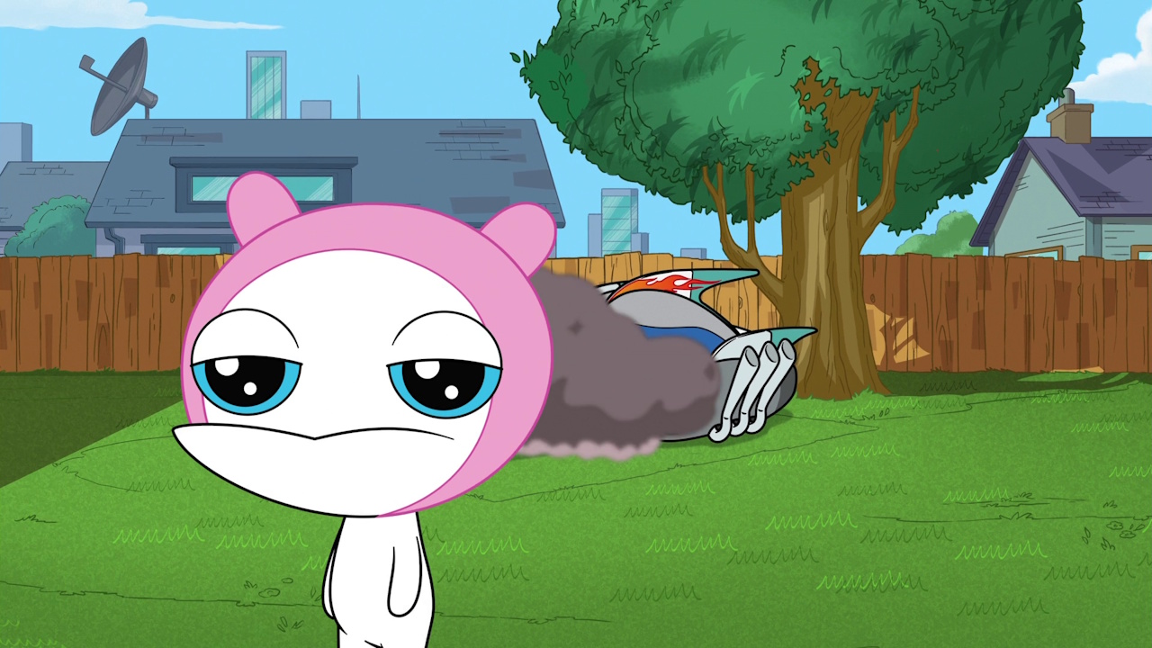 Still frame from Phineas and Ferb Season 5 showing Meap walking away from an exploding car.