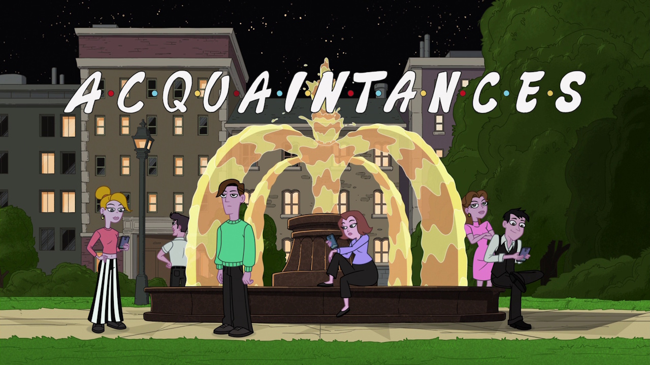 Still frame from Phineas and Ferb Season 5 showing the "Friends" parody.