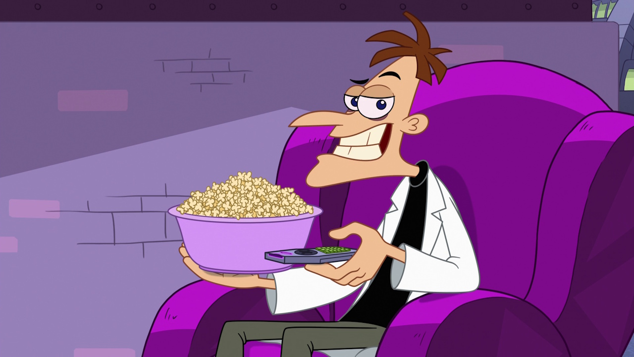 Still frame from Phineas and Ferb Season 5 showing Dr Doofenshmirtz sitting in a chair holding a bowl of popcorn.