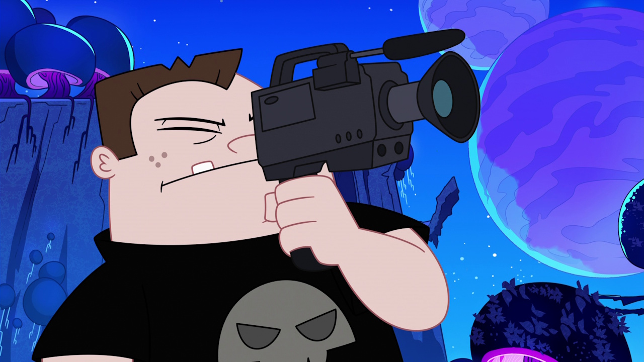 Still frame from Phineas and Ferb Season 5 showing Buford holding a film camera.