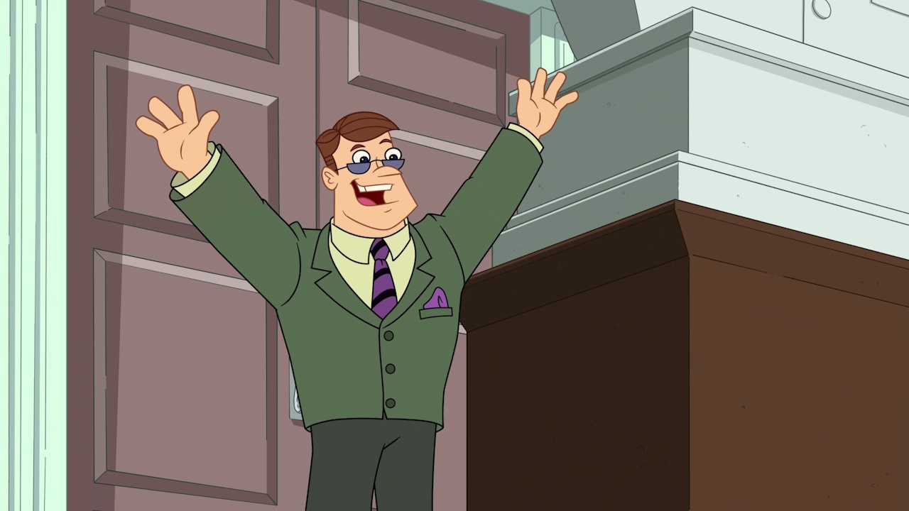 Still frame from Phineas and Ferb Season 5 showing Mayor Roger Doofenshmirtz.