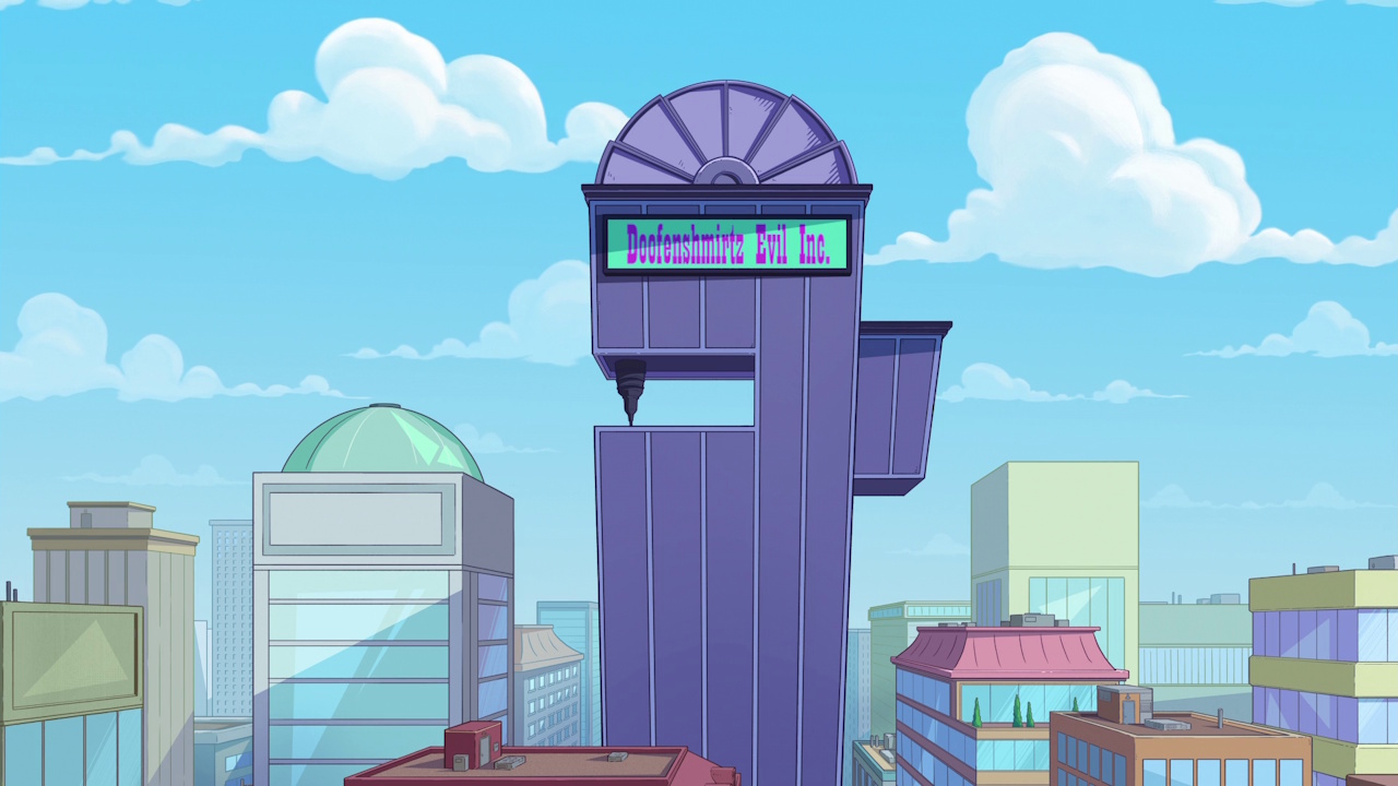 Still frame from Phineas and Ferb Season 5 showing the Doofenshmirtz Evil Inc. building.