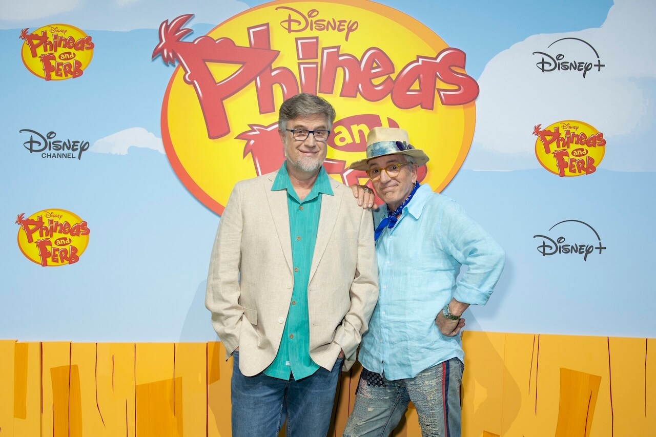 Photograph from the Phineas and Ferb S5 premiere showing the co-creators.