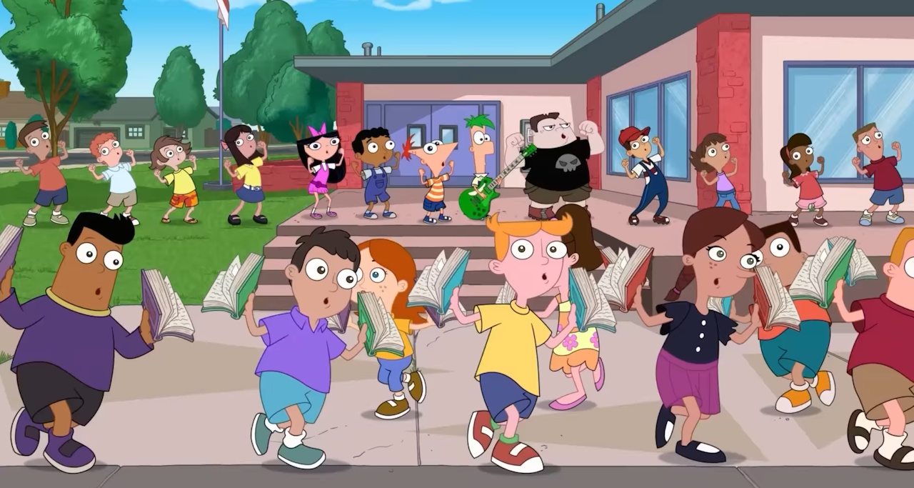 Still frame from the Phineas and Ferb Season 5 Sneak Peek showing multiple characters during a musical sequence.