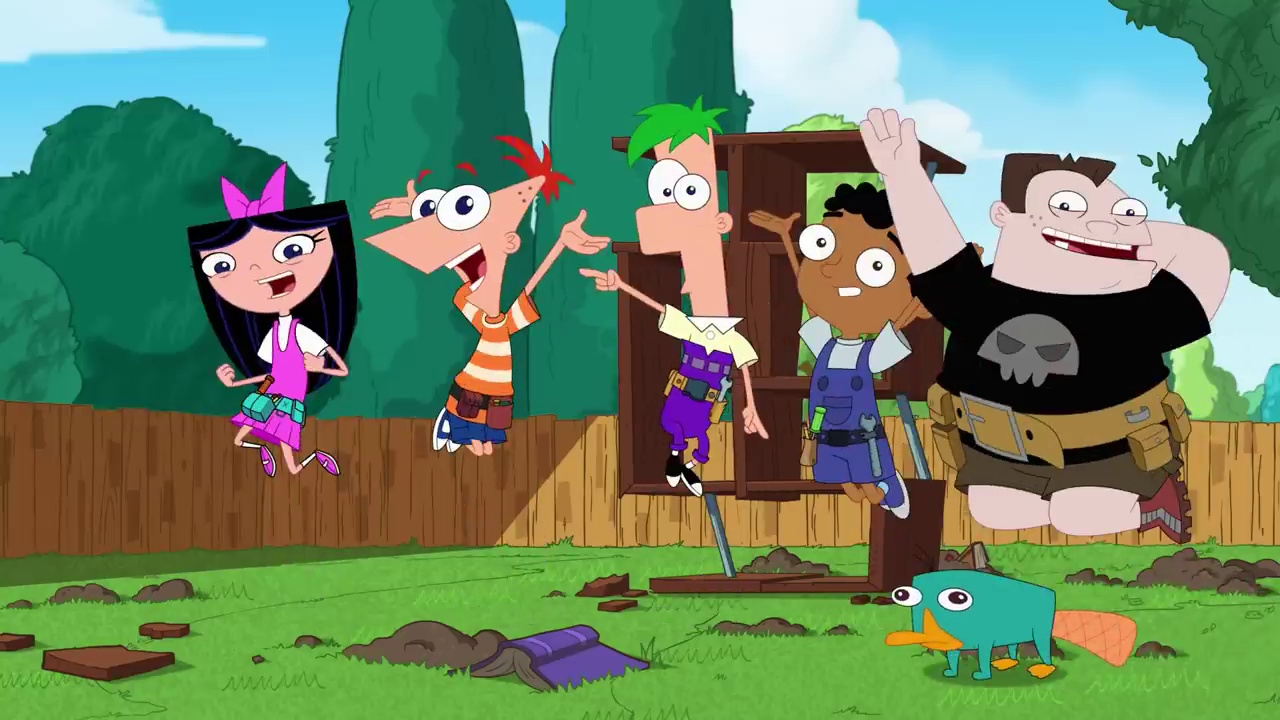 Still frame from the Phineas and Ferb Season 5 trailer showing the kids mid-jump.