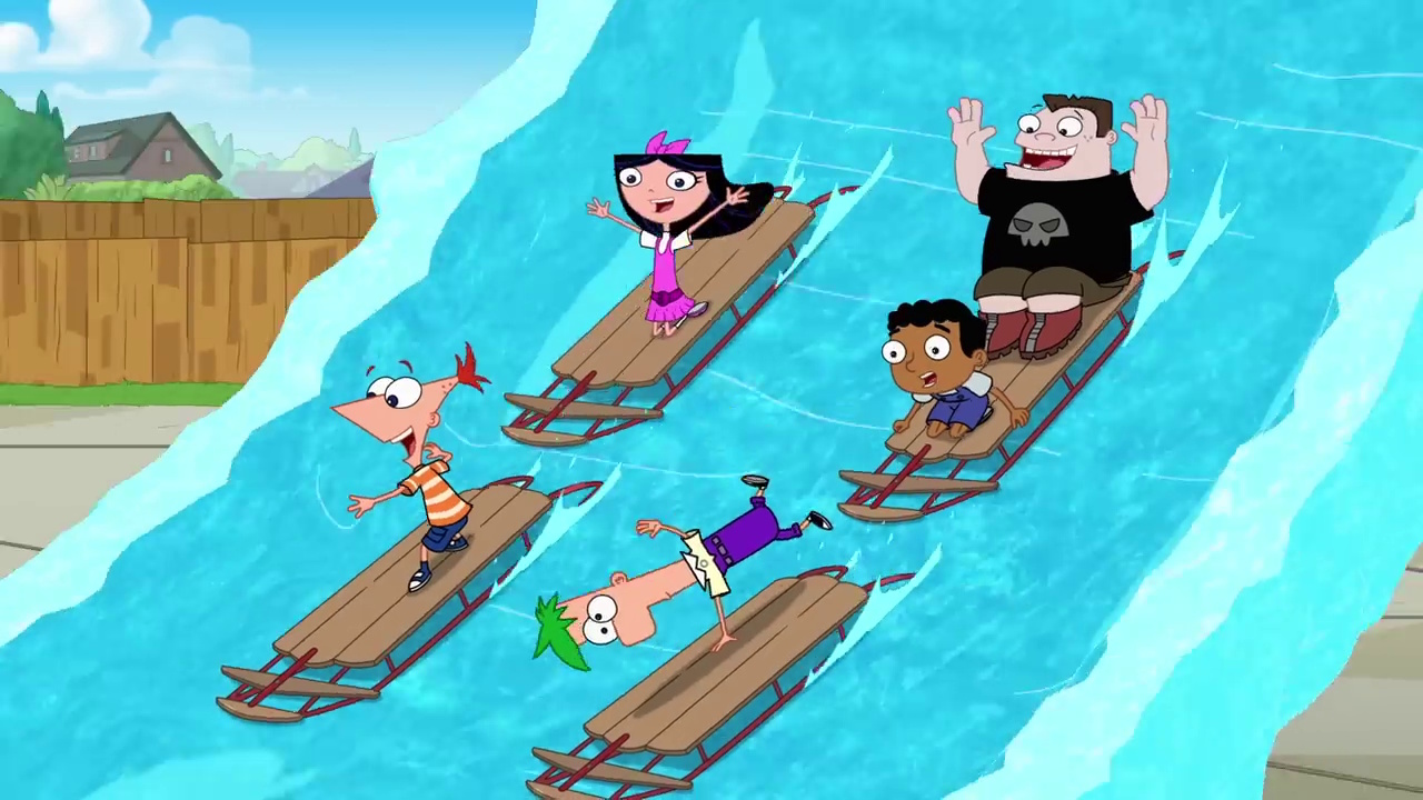Still frame from the Phineas and Ferb Season 5 trailer showing the kids on toboggans.