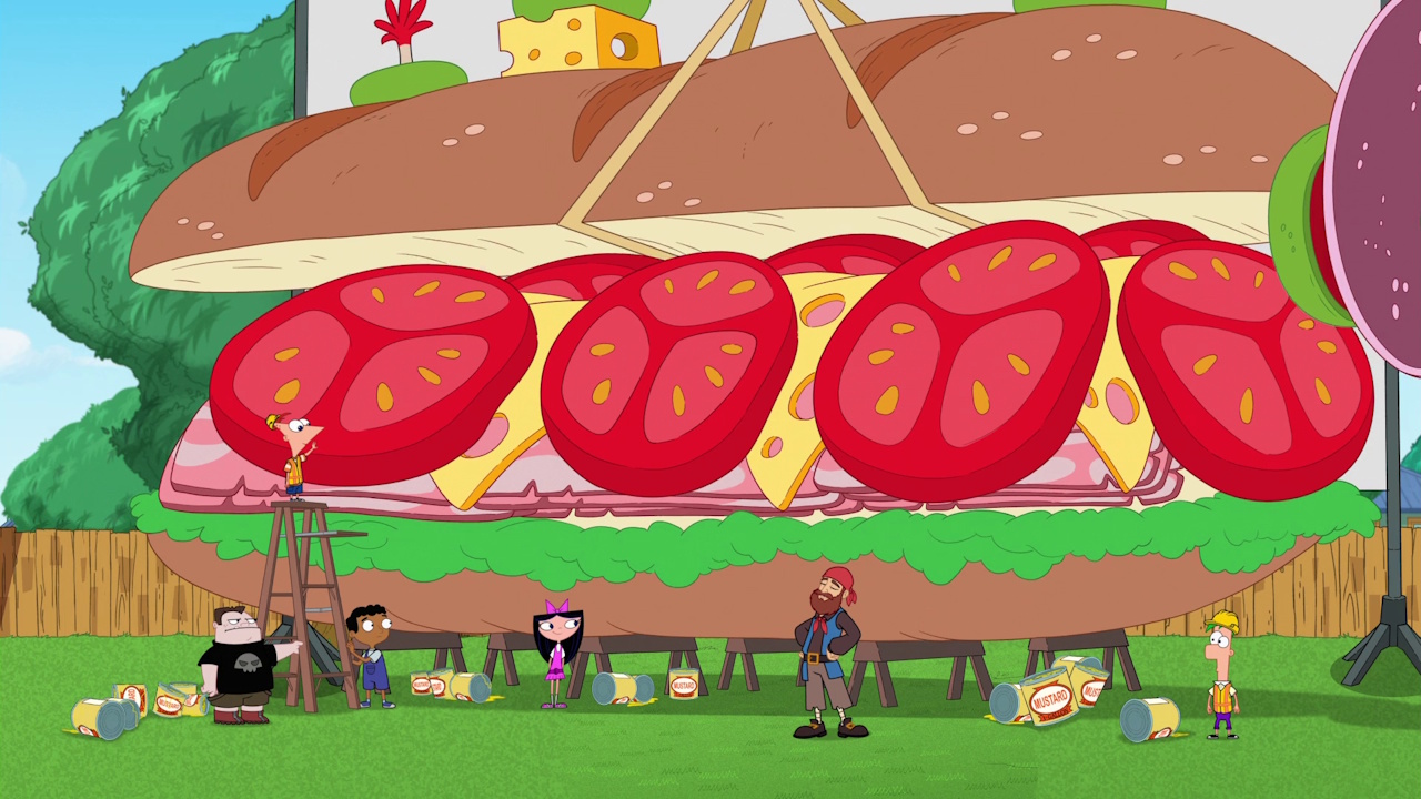 Still frame from Phineas and Ferb Season 5 showing a very large submarine sandwich with several characters.