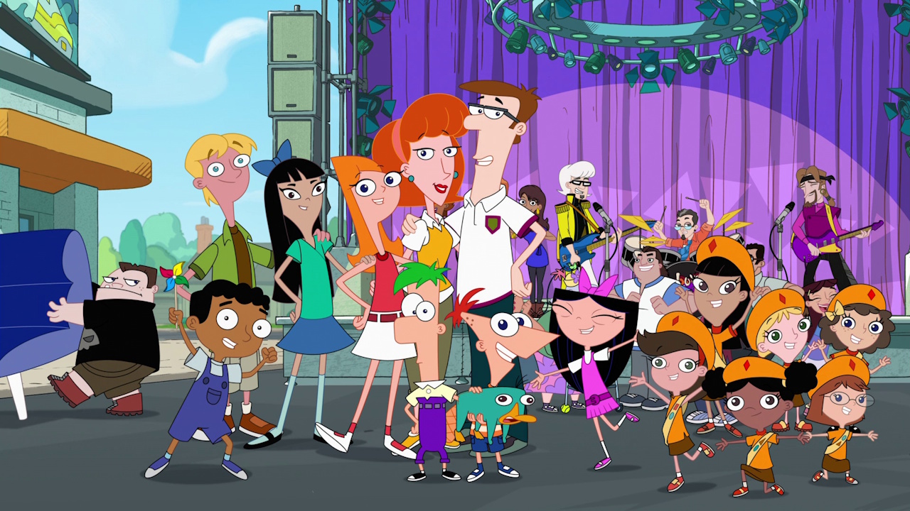 Still frame from Phineas and Ferb Season 5 showing most of the main characters at the end of episode 2.