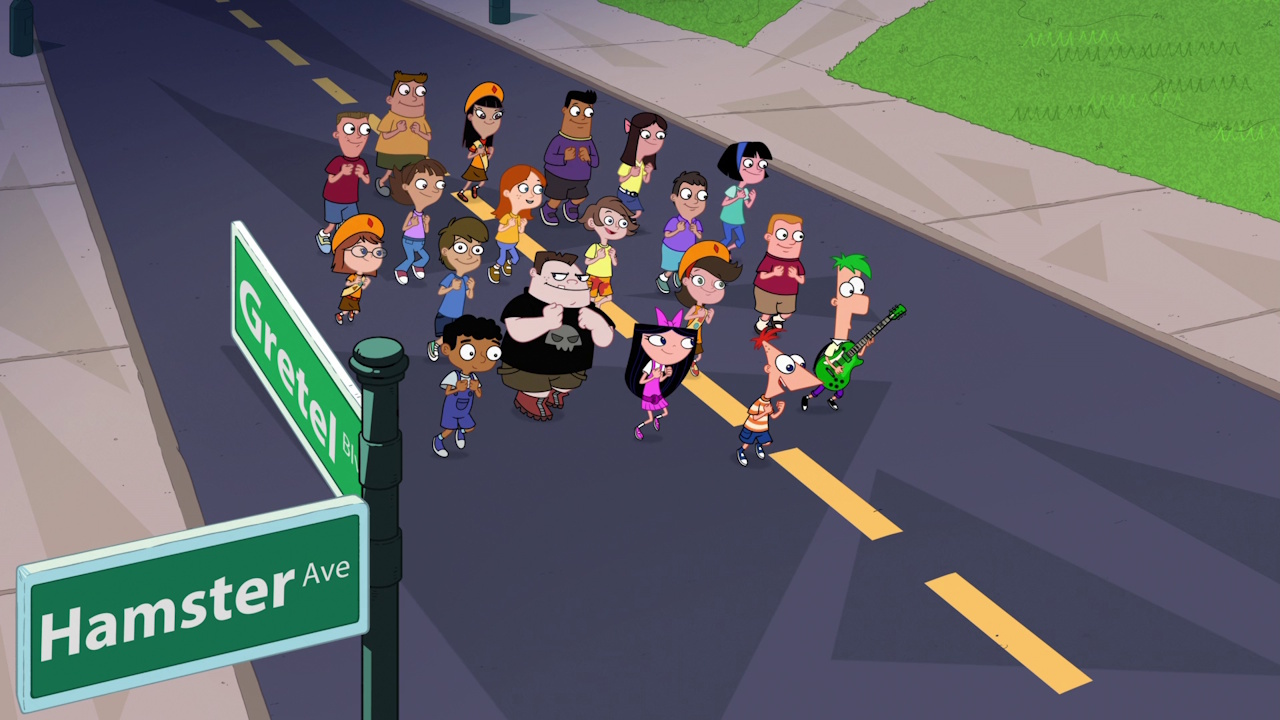 Still frame from Phineas and Ferb Season 5 showing the main kid characters performing a musical number.
