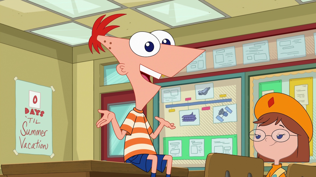 Still frame from Phineas and Ferb Season 5 showing Phineas with a Fireside Girl at school.