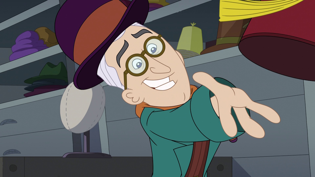 Still frame from Phineas and Ferb Season 5 showing the OWCA haberdasher.