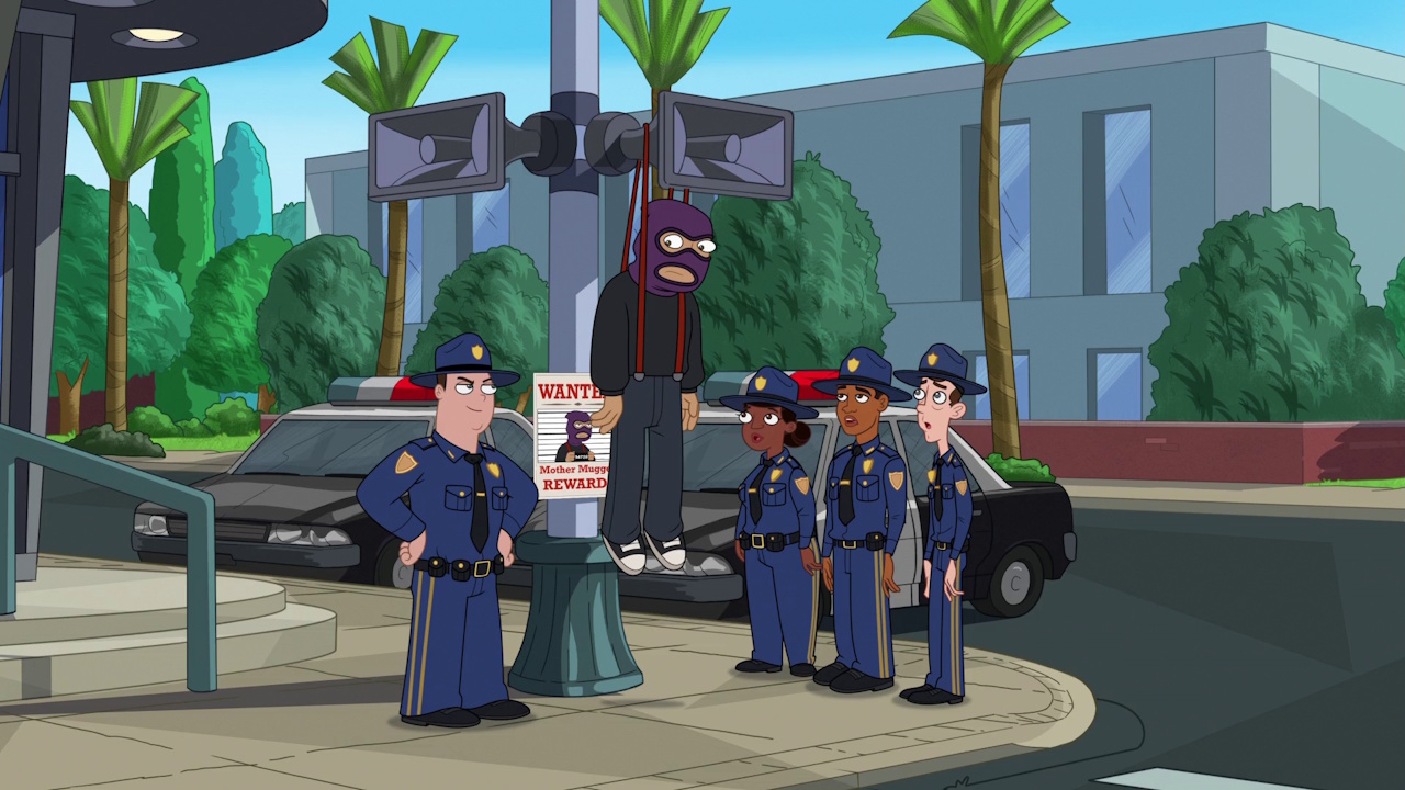 Still frame from Phineas and Ferb Season 5 showing the "mother mugger" being caught.