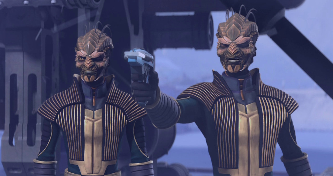 Still frame from Star Trek: Prodigy Season 1 showing two Xindi characters.