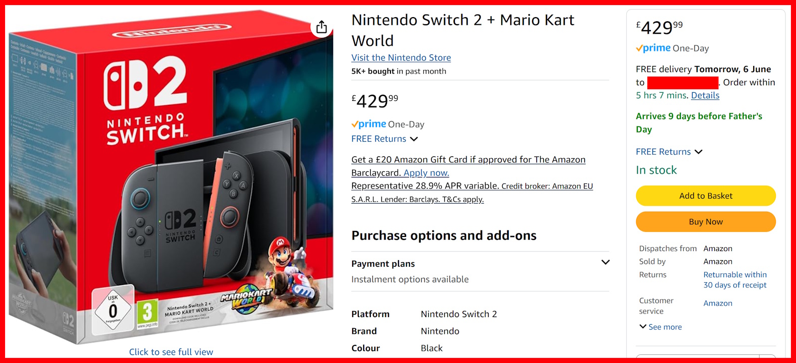 Screenshot of Amazon UK showing a Nintendo Switch 2 console.
