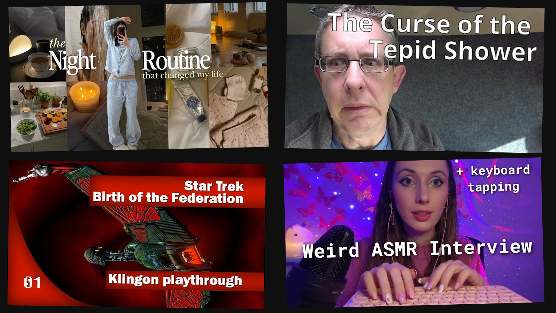 Four YouTube thumbnails from different genres of video.