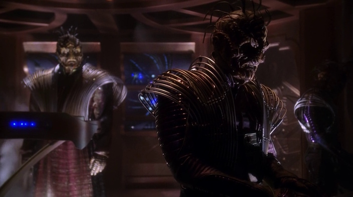 Still frame from Star Trek: Enterprise showing three Xindi characters.