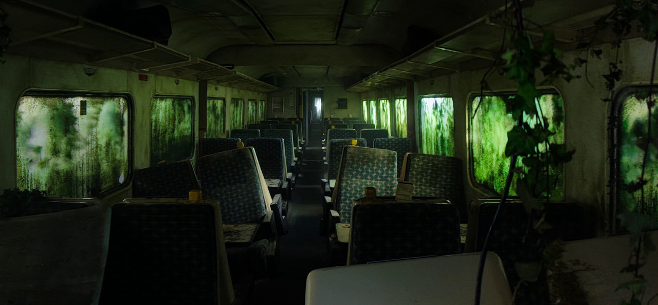 Still frame from 28 Years Later (2025) showing the abandoned train.