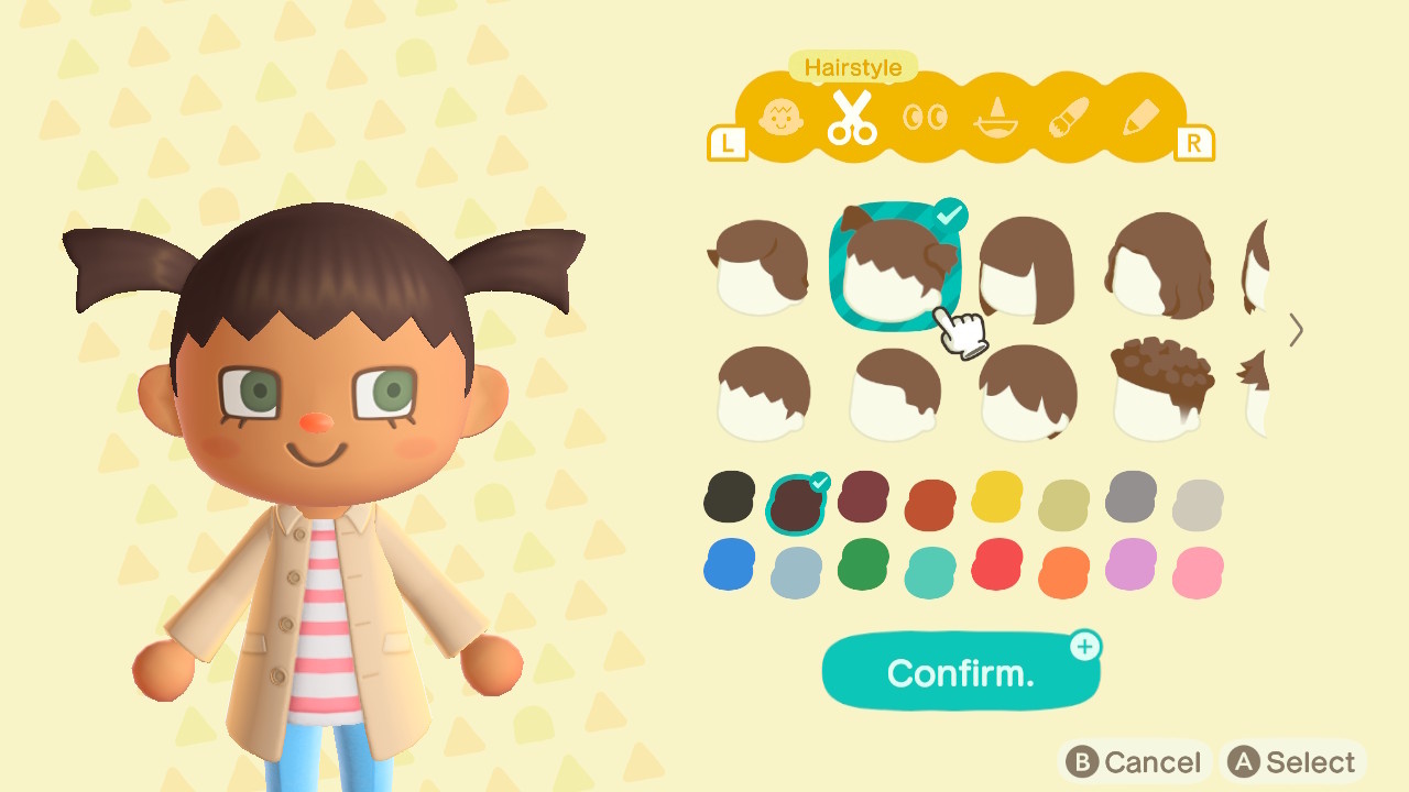 Promo screenshot for Animal Crossing: New Horizons showing various hairstyle options.
