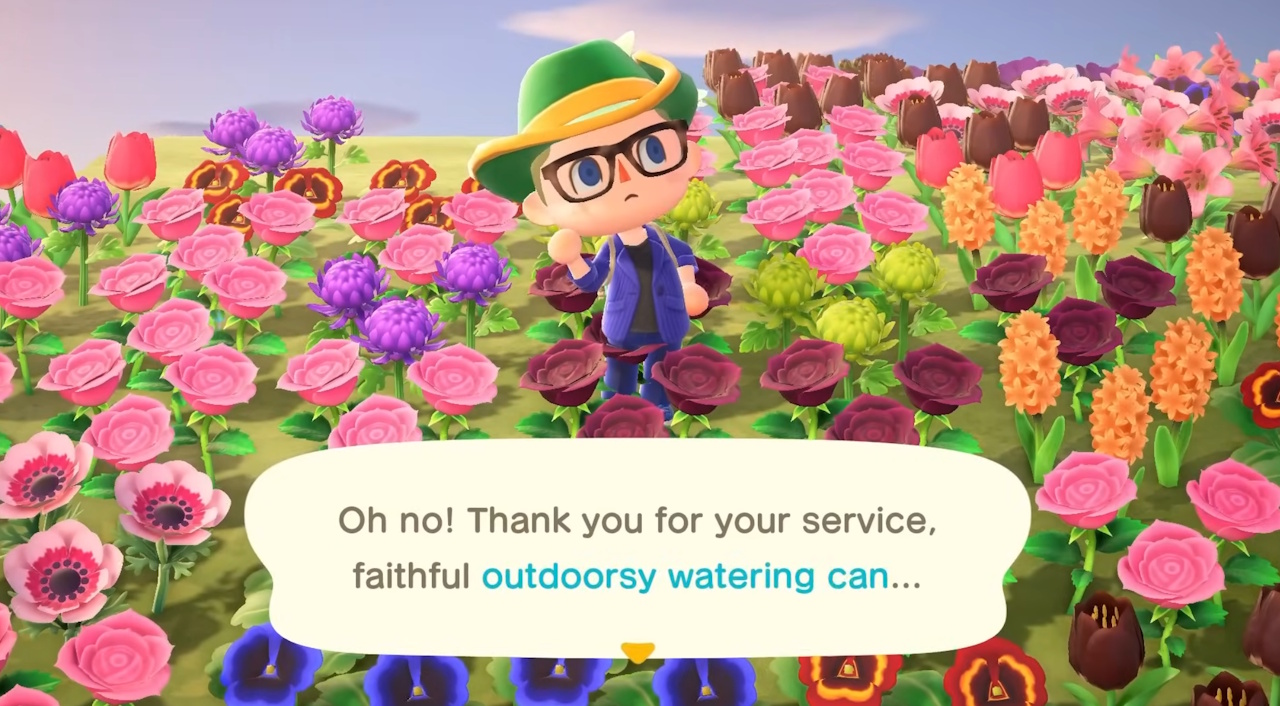 Promo screenshot for Animal Crossing: New Horizons showing a broken watering can.