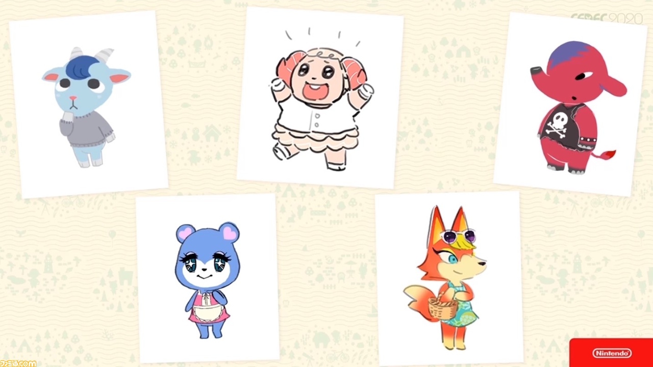 Concept art for Animal Crossing: New Horizons showing five different character designs.