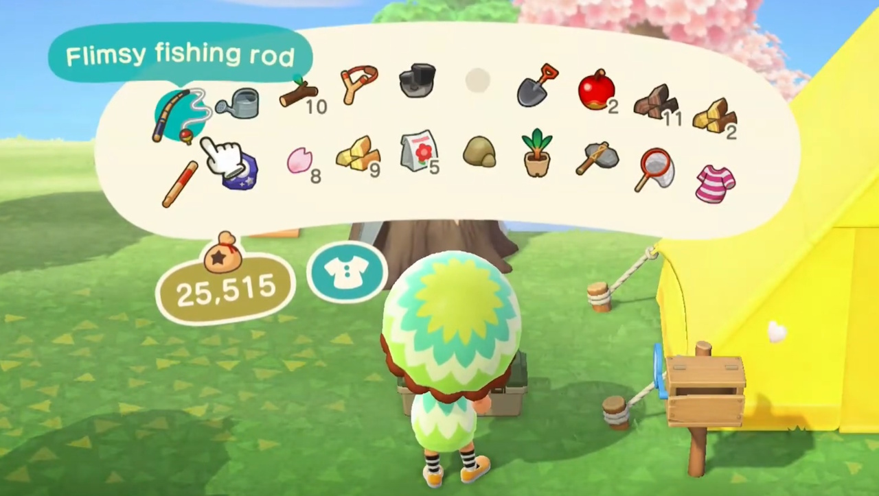 Promo screenshot for Animal Crossing: New Horizons showing the player's inventory.