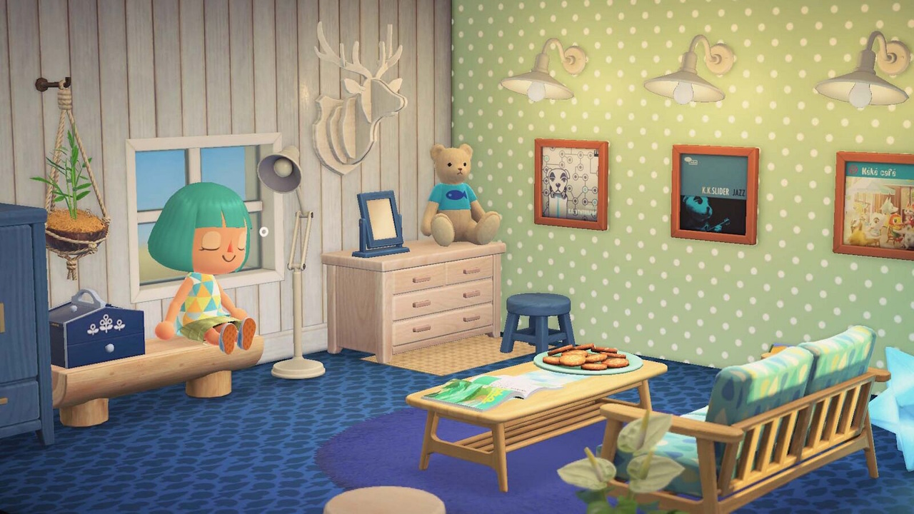 Promo screenshot for Animal Crossing: New Horizons showing a player character snoozing in a decorated room.
