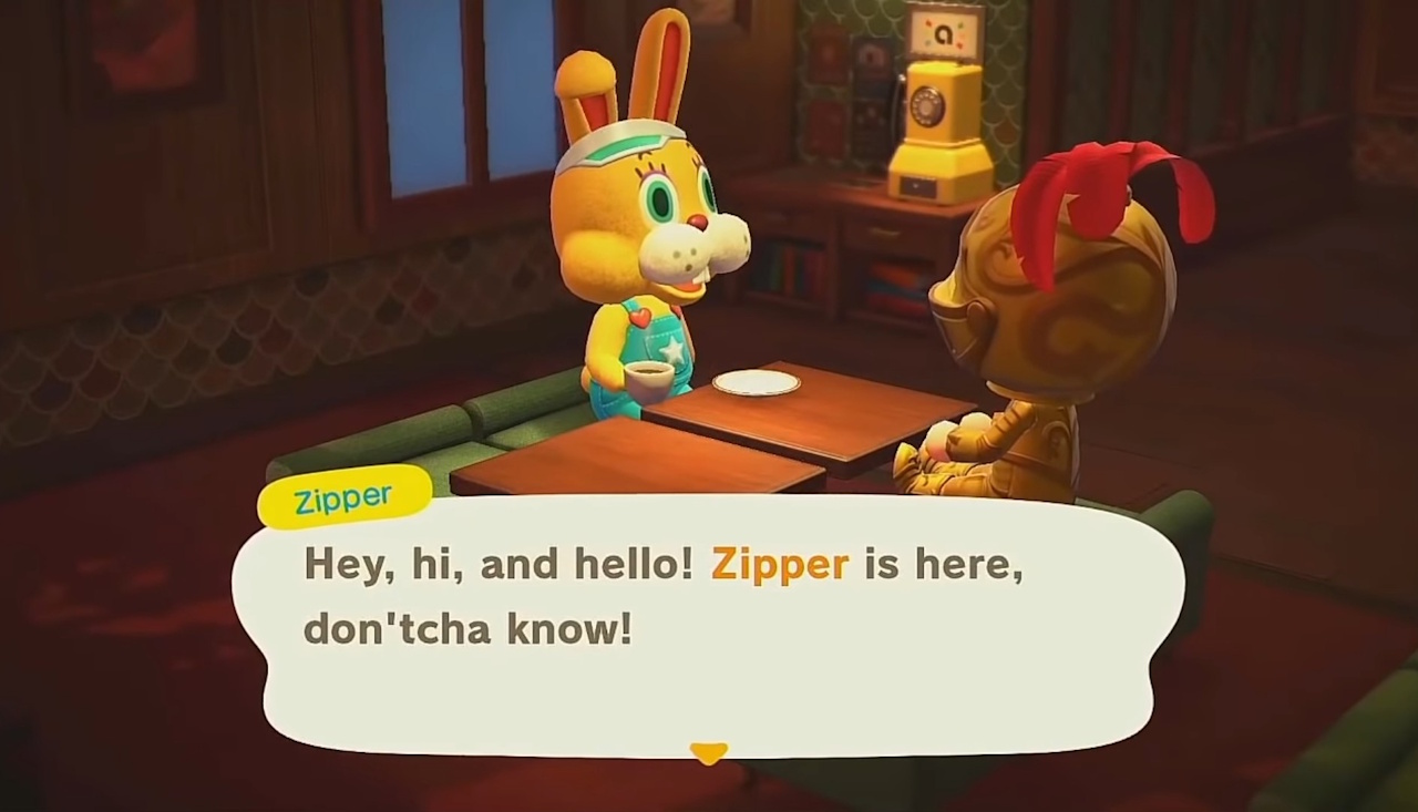 Promo screenshot for Animal Crossing: New Horizons showing Zipper in the Roost.