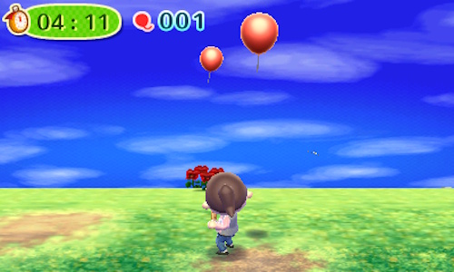 Screenshot of Animal Crossing: New Leaf showing a player shooting balloons on Tortimer's Island.