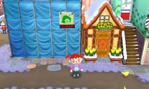 Screenshot of Animal Crossing: New Leaf showing a player on the shopping street.