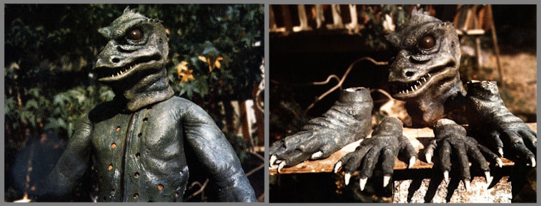 Two set photos from Star Trek: The Original Series showing the Gorn costume.
