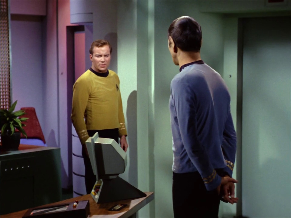 Still frame from Star Trek: The Original Series Season 1 episode Arena, showing Kirk and Spock in Kirk's cabin.