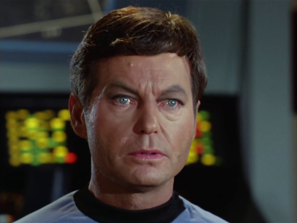 Still frame from Star Trek: The Original Series Season 1 episode Arena, showing Dr McCoy.