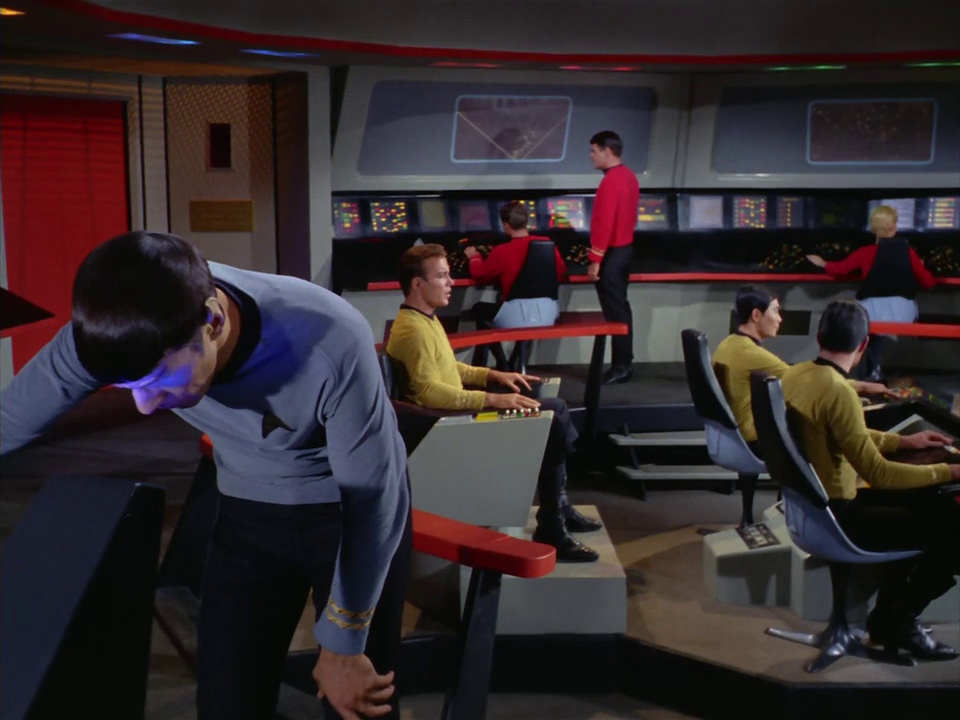 Still frame from Star Trek: The Original Series Season 1 episode Arena, showing the crew on the bridge.
