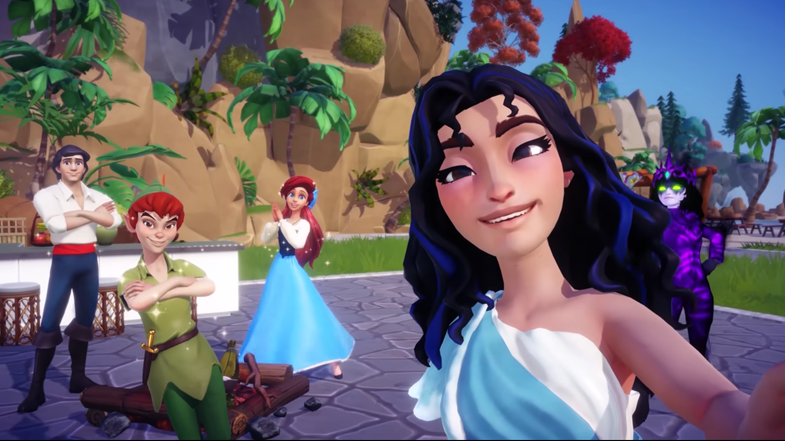 Still frame from the Disney Dreamlight Valley Skull Rock Update trailer showing the player taking a selfie.