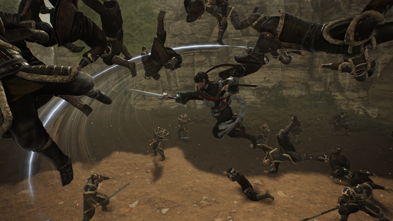 Screenshot of Dynasty Warriors: Origins (2025) showing the Wanderer mid-jump, swinging their sword.