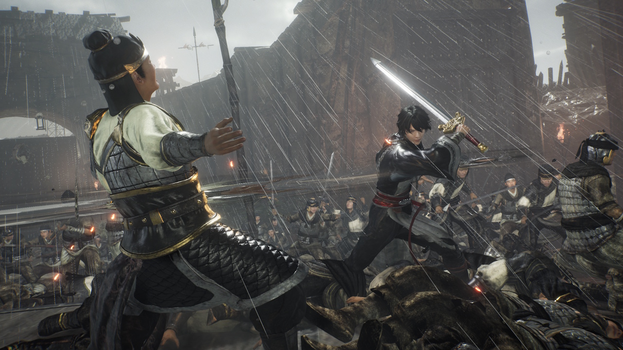 Screenshot of Dynasty Warriors: Origins (2025) showing the Wanderer defeating a bandit leader in the rain.