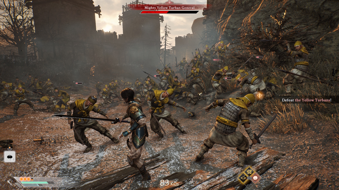 Screenshot of Dynasty Warriors: Origins (2025) showing a battle against the Yellow Turban army.